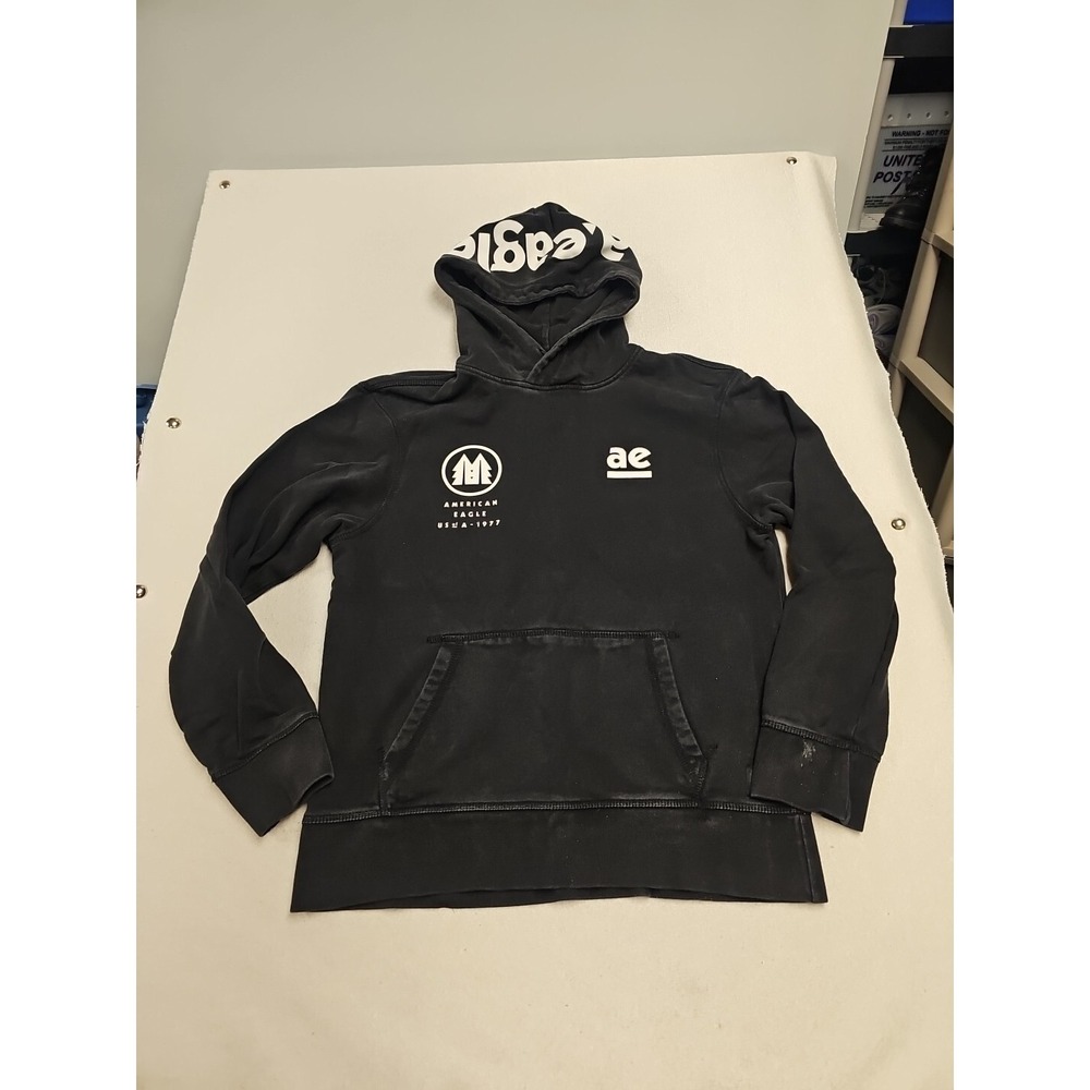 American‎ Eagle Mens Black Graphic Logo Hooded Sweatshirt Size Medium